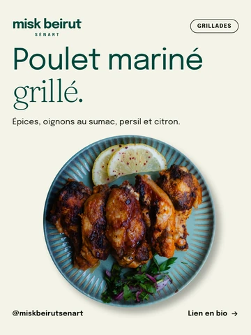 Poulet mariné grillé : épices, oignons au sumac, persil et citron